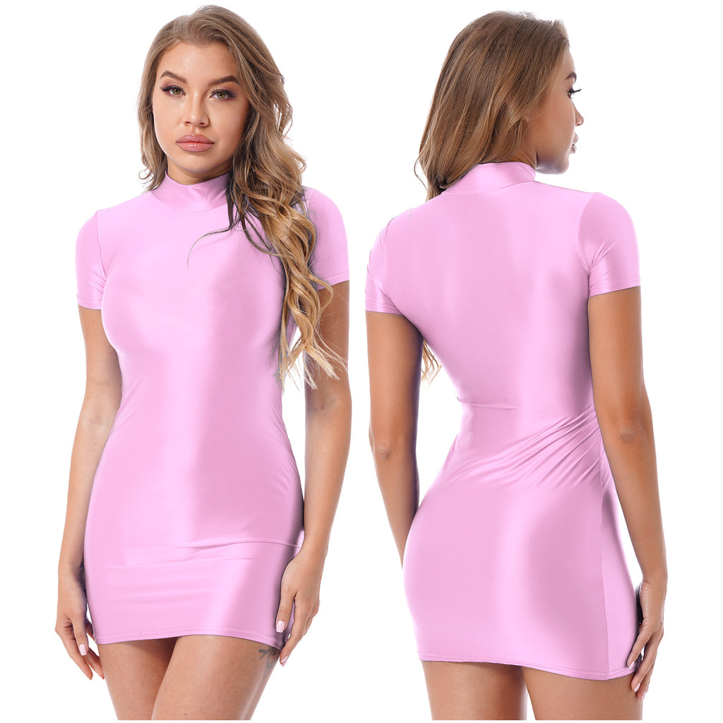 Women Glossy Bodycon Dress Long Sleeve Oil Shiny Smooth Mini Pencil Dress Stretchy Mock Neck Tight  Party Dresses Dance Clubwear