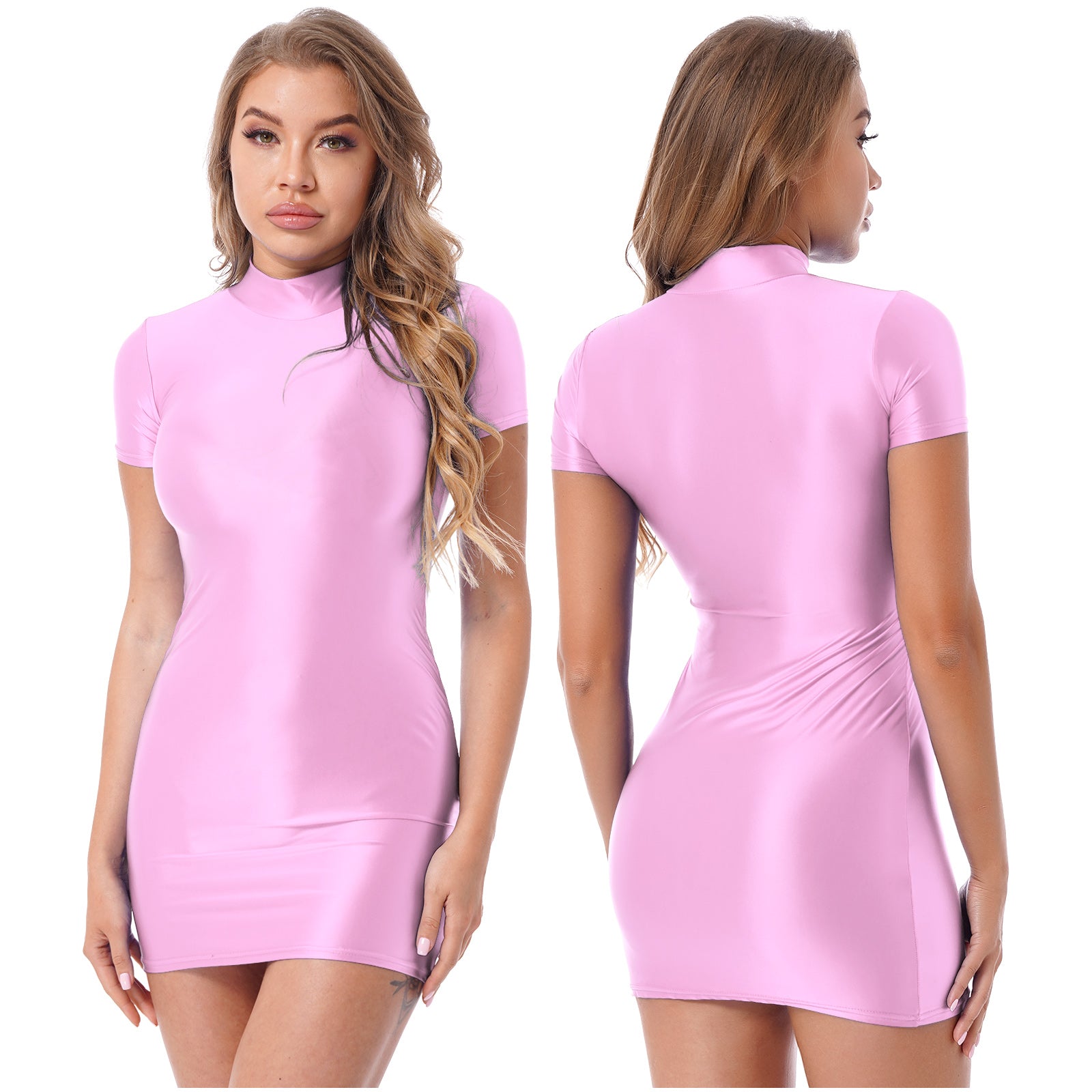Women Glossy Bodycon Dress Long Sleeve Oil Shiny Smooth Mini Pencil Dress Stretchy Mock Neck Tight  Party Dresses Dance Clubwear