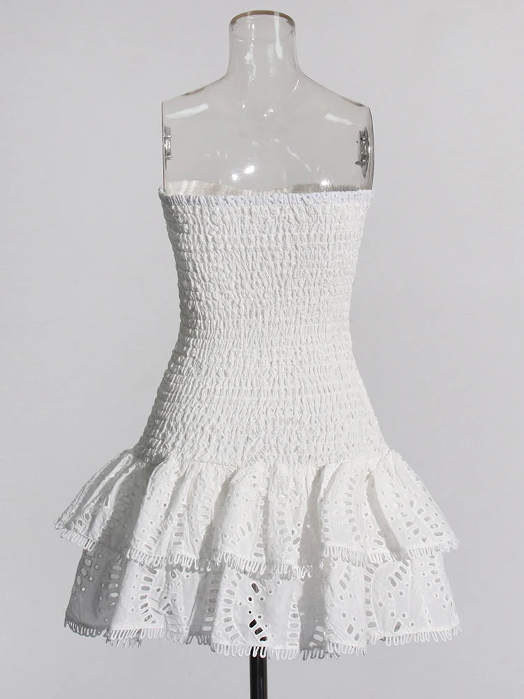 TWOTWINSTYLE Designer Mini A Line Dresses Strapless Sleeveless High Waist Spliced Ruffles Hem Elegant Slimming Dress Female New