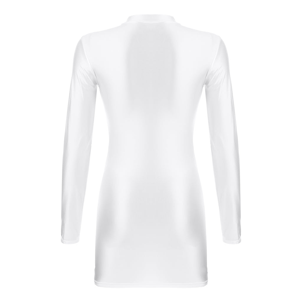 Women Glossy Bodycon Dress Long Sleeve Oil Shiny Smooth Mini Pencil Dress Stretchy Mock Neck Tight  Party Dresses Dance Clubwear