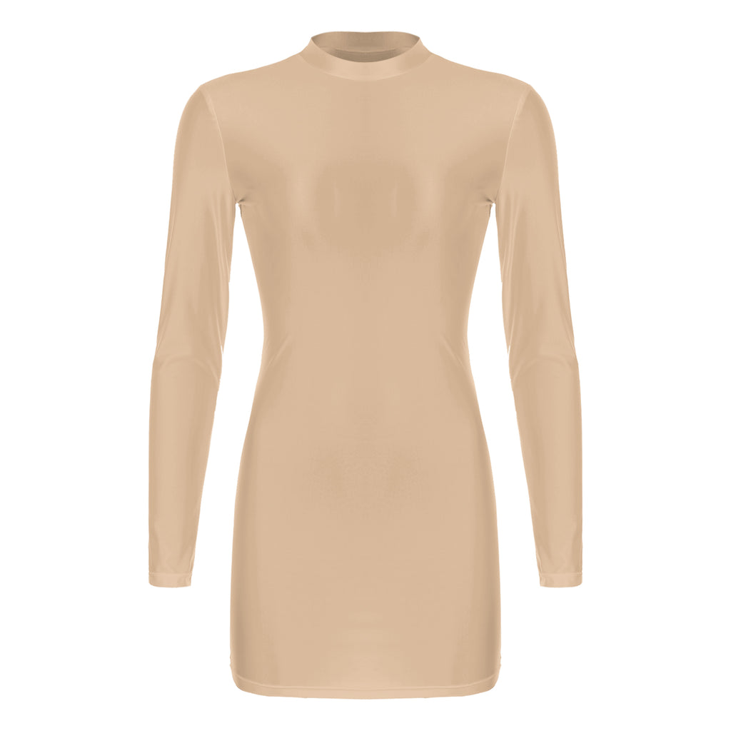 Women Glossy Bodycon Dress Long Sleeve Oil Shiny Smooth Mini Pencil Dress Stretchy Mock Neck Tight  Party Dresses Dance Clubwear