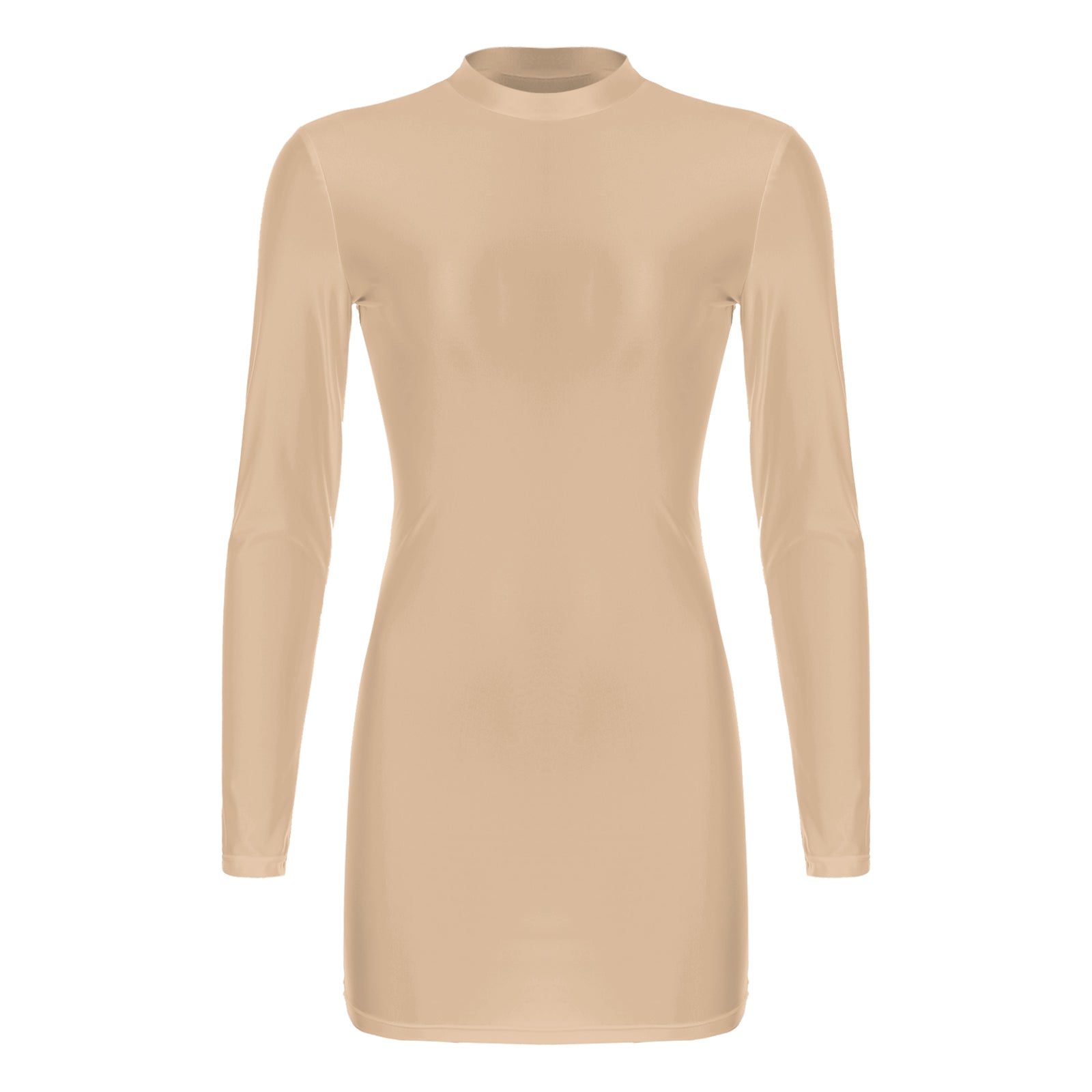 Women Glossy Bodycon Dress Long Sleeve Oil Shiny Smooth Mini Pencil Dress Stretchy Mock Neck Tight  Party Dresses Dance Clubwear