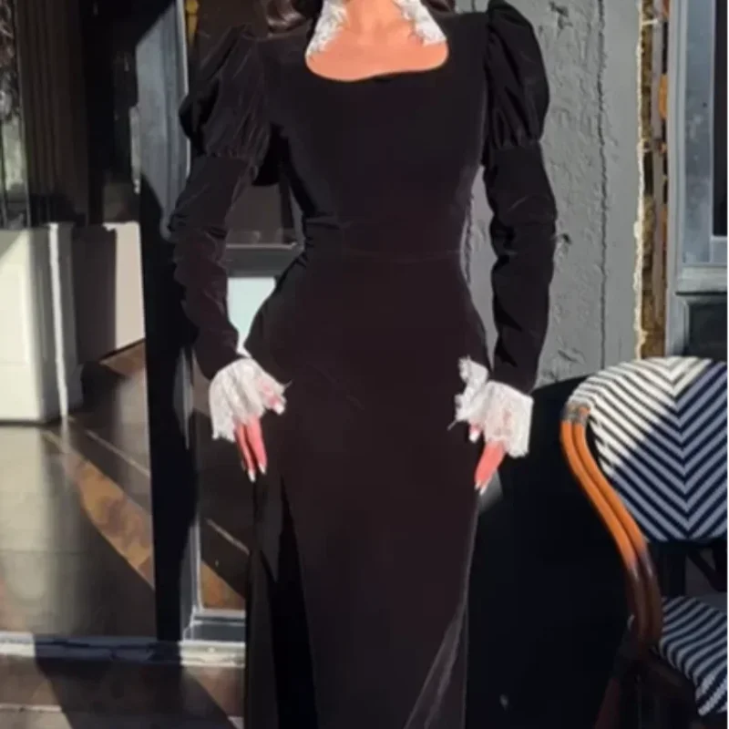 Sexy Lace Patchwork Velvet Long Dress Women Square Collar Full Sleeves Waist Slim Cinching Dresses 2026 Lady Party Vestidos New