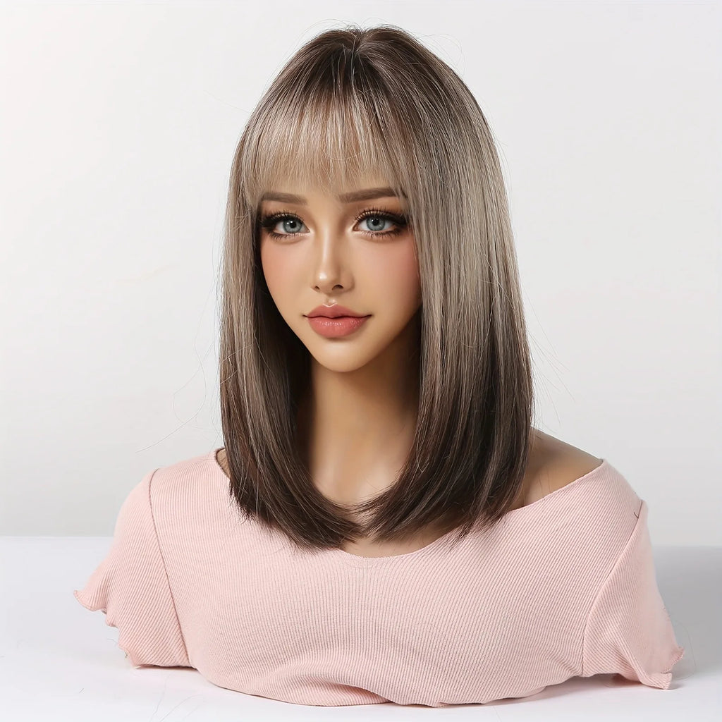 Elegant straight hair wig, 40.64 cm, champagne gold gradient synthetic wig, brownish-black hair roots, high-temperature fiber, l