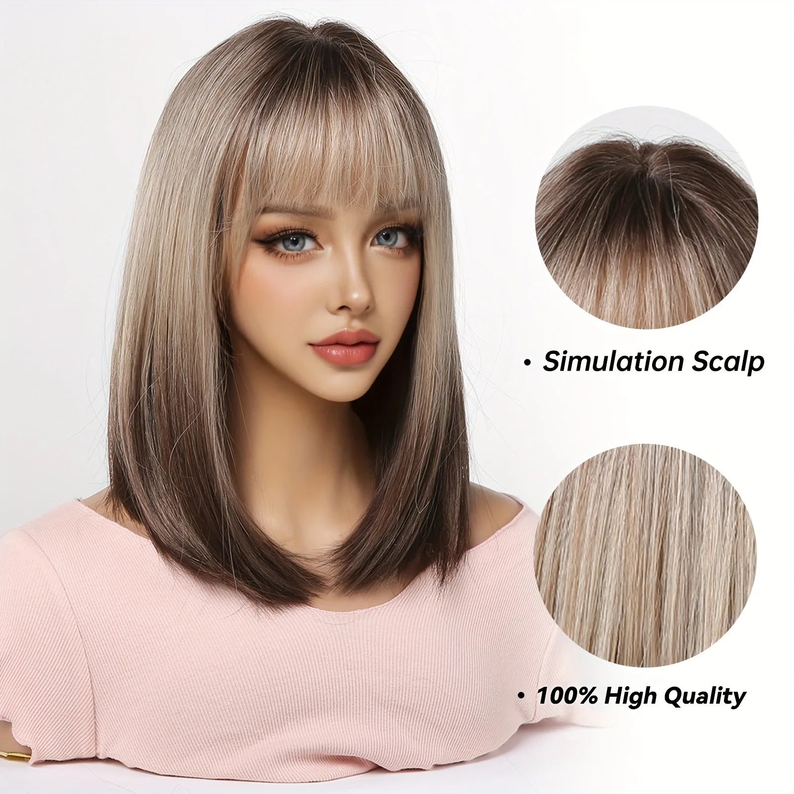 Elegant straight hair wig, 40.64 cm, champagne gold gradient synthetic wig, brownish-black hair roots, high-temperature fiber, l