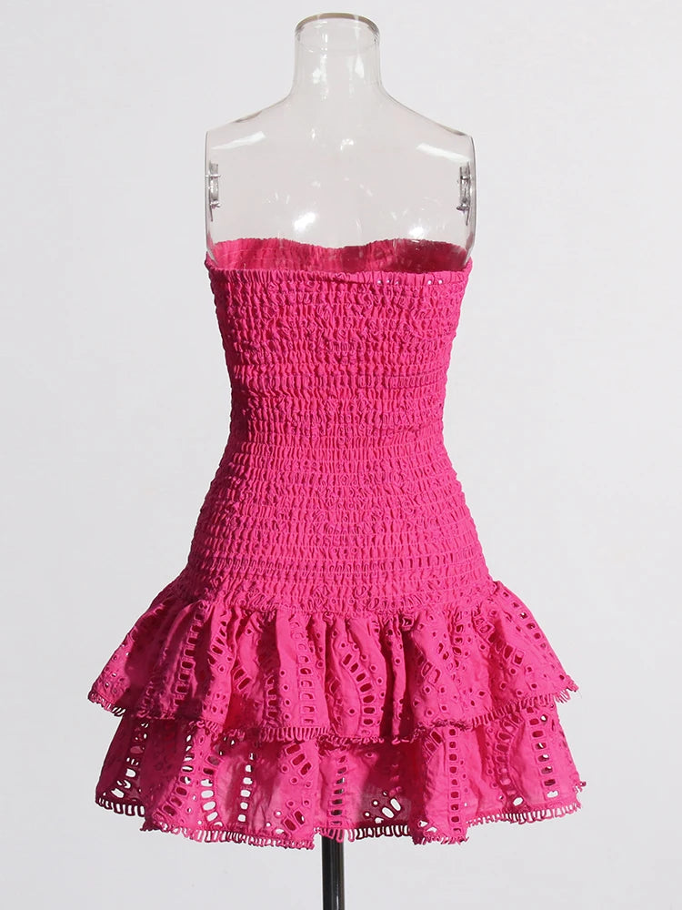 TWOTWINSTYLE Designer Mini A Line Dresses Strapless Sleeveless High Waist Spliced Ruffles Hem Elegant Slimming Dress Female New