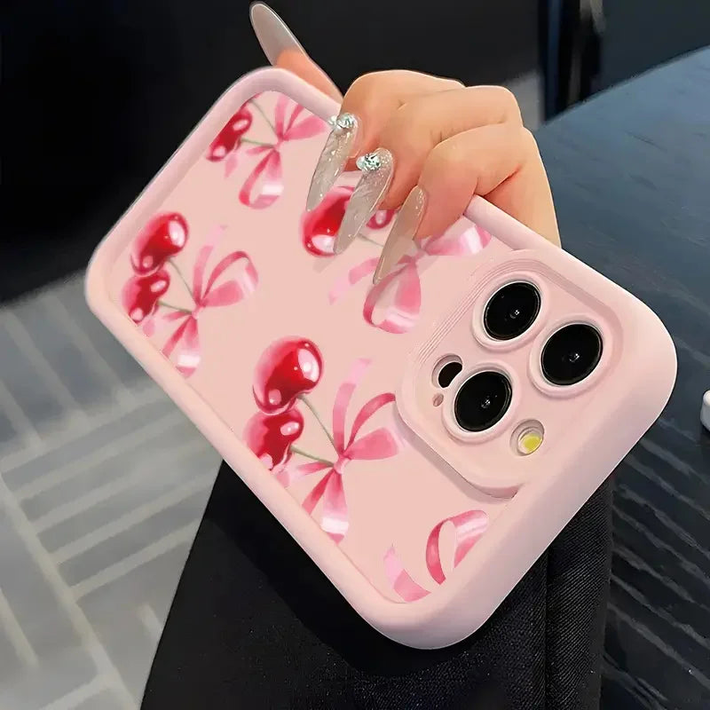Luxury Wine Red Cherry Print Case for IPhone 16 15 17 Air 14 13 12 11 Pro Max 16 Plus Shockproof Silicone Phone Cover