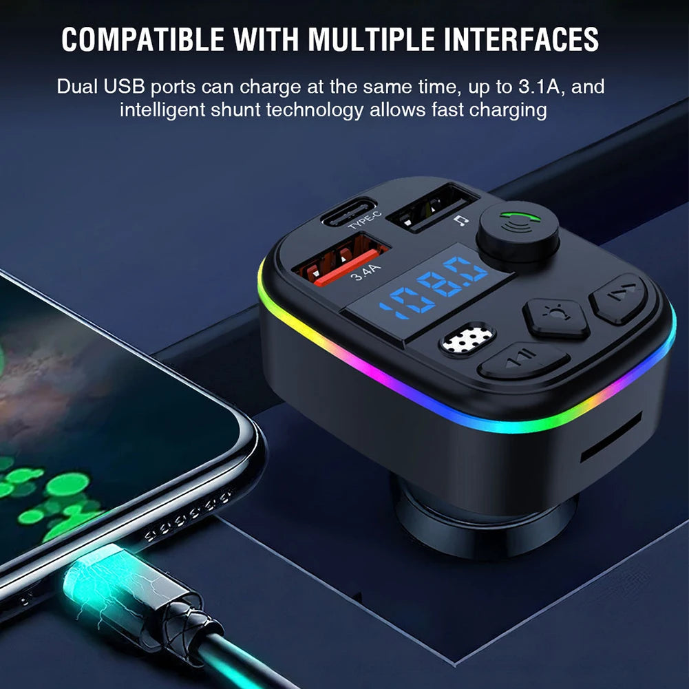 Hands Free Wireless Car Kit Car MP3 Player Bluetooth-Compatible 5.3 Support TF Card U Disk Cell Phone Charger Car FM Transmitter
