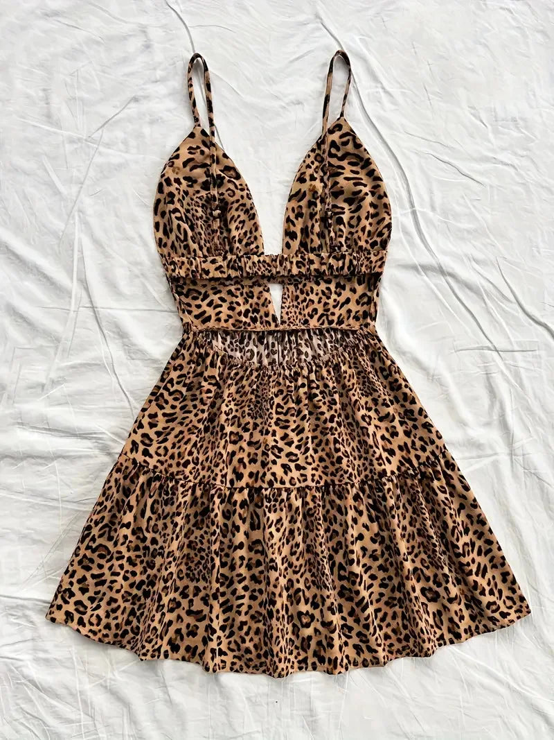 4-Color Leopard Printed Sexy Camisole Dress Women Sleeveless Backless Mini Dress Summer Vacation Dresses