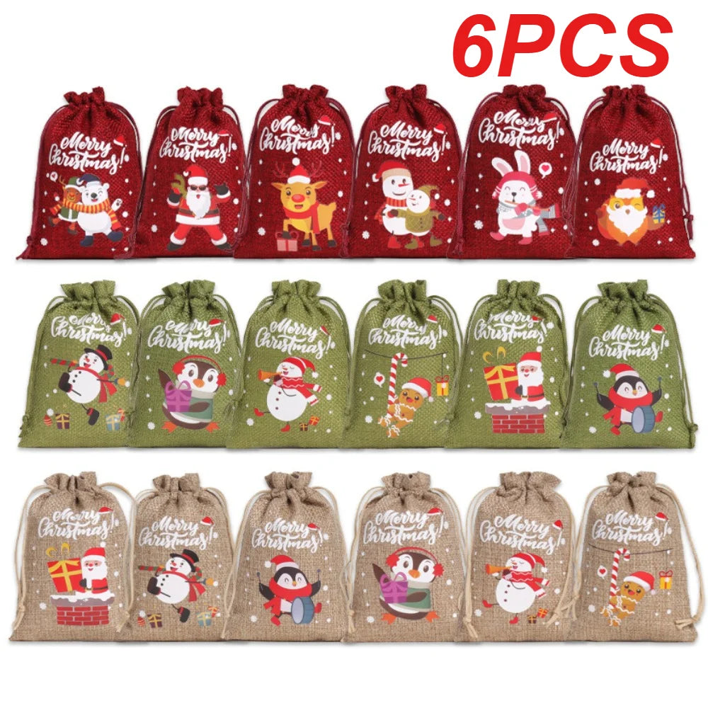 6PCS Christmas Character Drawstring Bags Santa/Reindeer/Snowman/Penguin/Rabbit Print Festive Gift Pouches for Party Favors