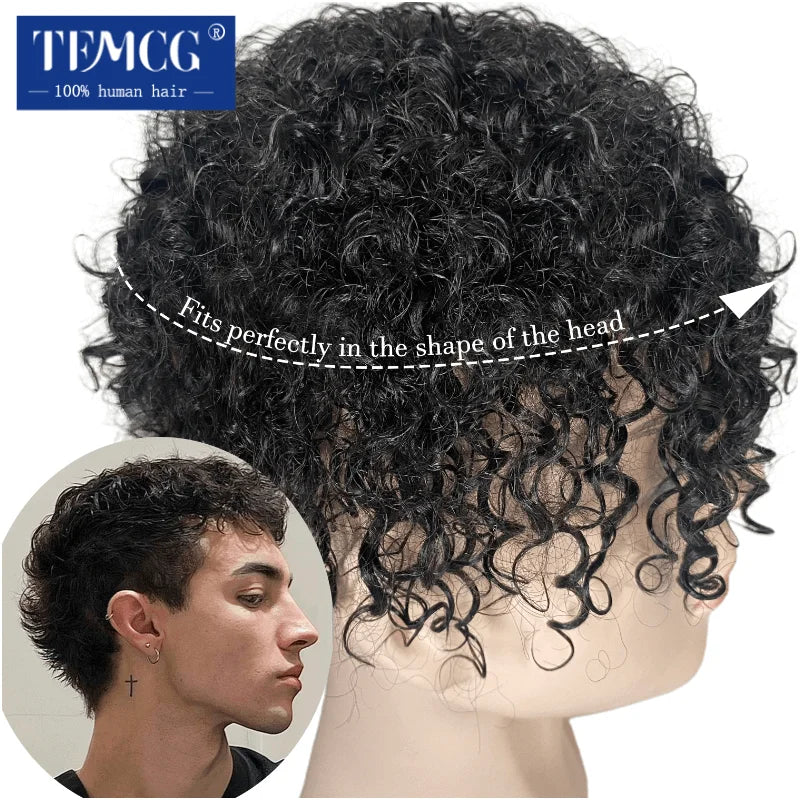 15MM Curly Male Hair Prosthesis Toupee Men Wig Indian Human Hair Comfortable Skin Base Wigs For Men System Replacement Man Wig