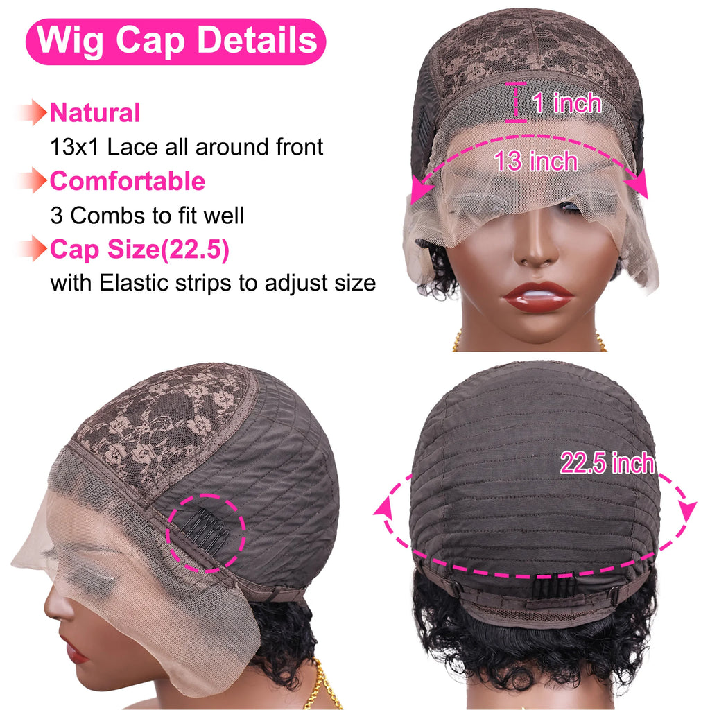 Pixie Cut Wig 13x1 Lace Frontal Wigs Curly Wave Short Bob Human Hair Wigs Natural Black Color Curly Lace Front Wig For Women