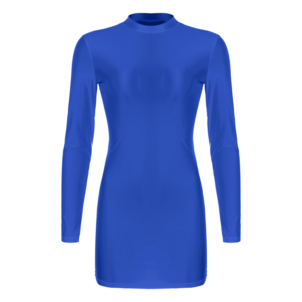 Women Glossy Bodycon Dress Long Sleeve Oil Shiny Smooth Mini Pencil Dress Stretchy Mock Neck Tight  Party Dresses Dance Clubwear
