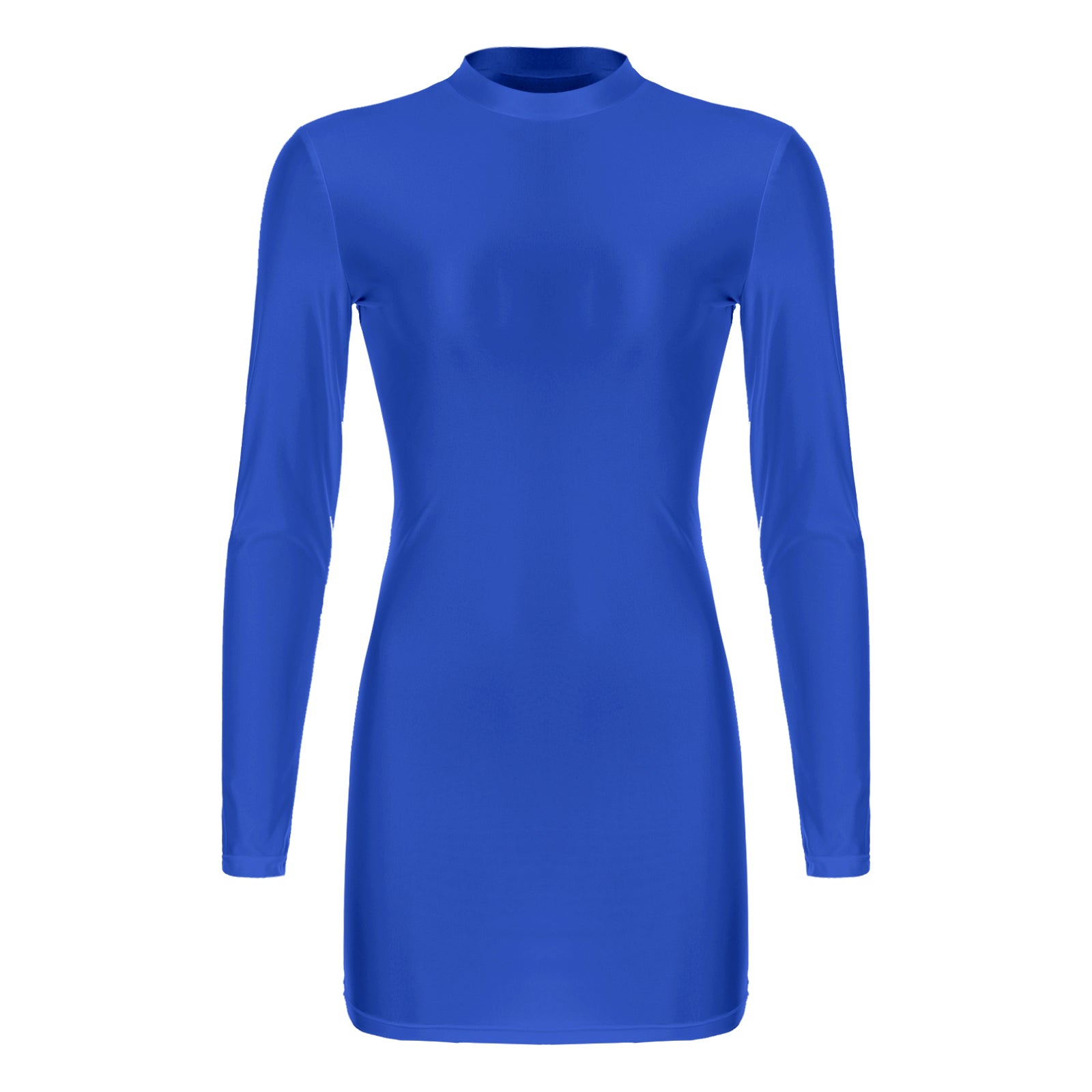 Women Glossy Bodycon Dress Long Sleeve Oil Shiny Smooth Mini Pencil Dress Stretchy Mock Neck Tight  Party Dresses Dance Clubwear