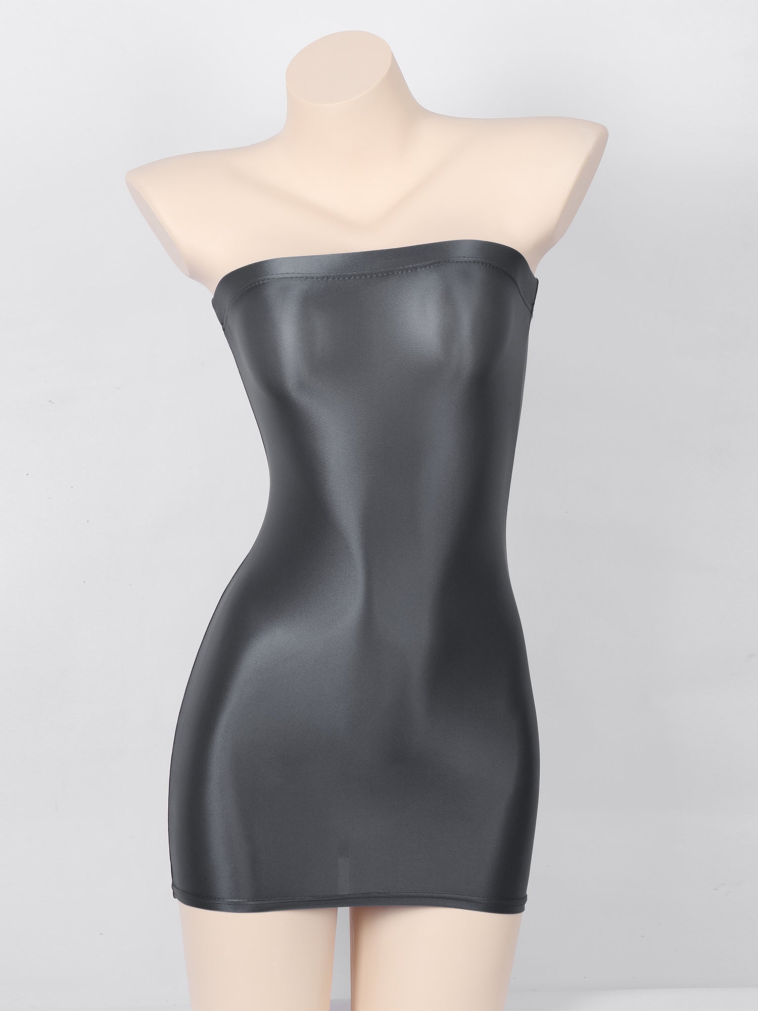 Women Glossy Bodycon Dress Long Sleeve Oil Shiny Smooth Mini Pencil Dress Stretchy Mock Neck Tight  Party Dresses Dance Clubwear