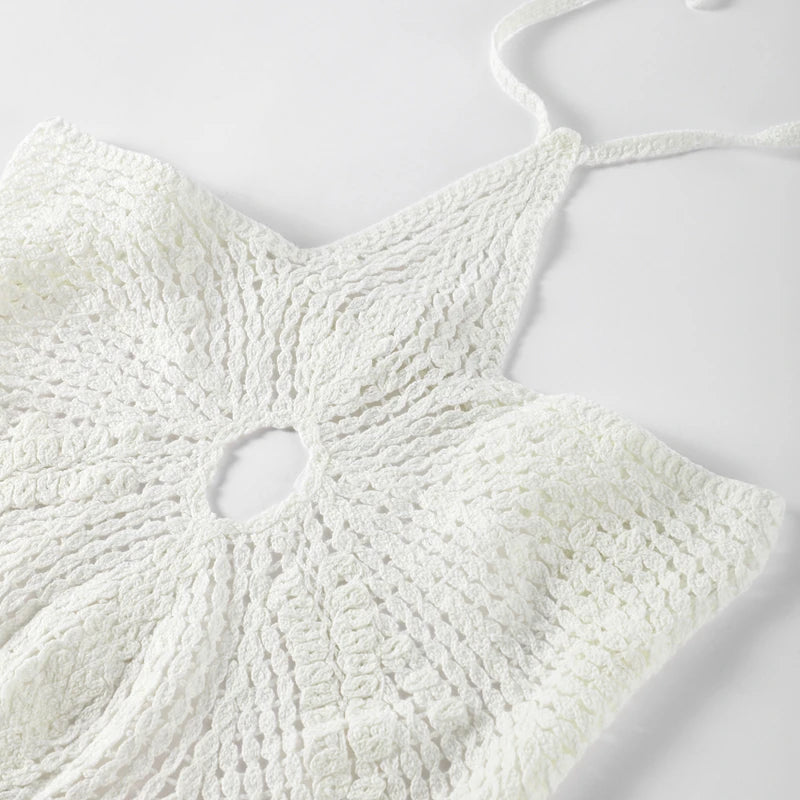 Knitted Crochet Hook Flower Halter Dress Women Slim Lace Up Off Shoulder Backless Party Dresses Female Summer Lady Beach Robes