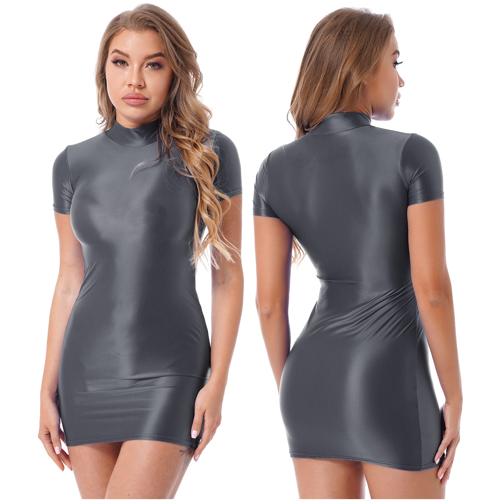 Women Glossy Bodycon Dress Long Sleeve Oil Shiny Smooth Mini Pencil Dress Stretchy Mock Neck Tight  Party Dresses Dance Clubwear