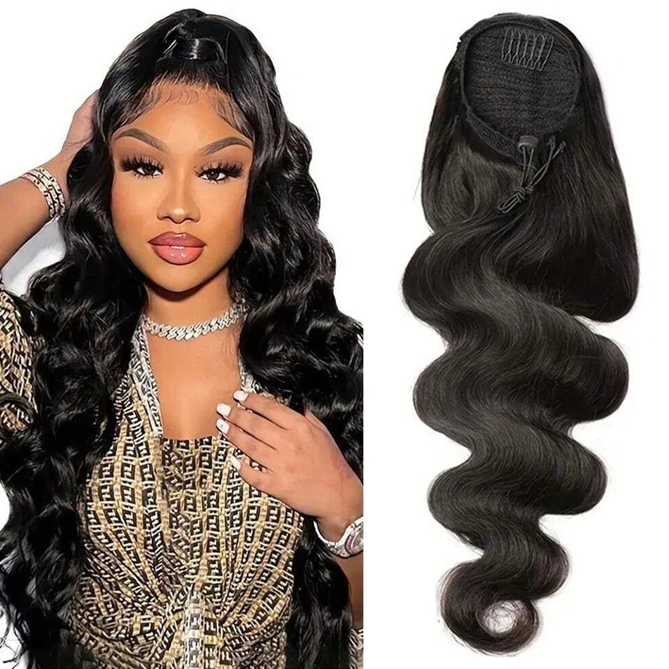Human Hair Kinky Straight Ponytails Drawstring Extension 12-24 Inch Yaki Straight Hair Clip in Pony Tail for Black Women